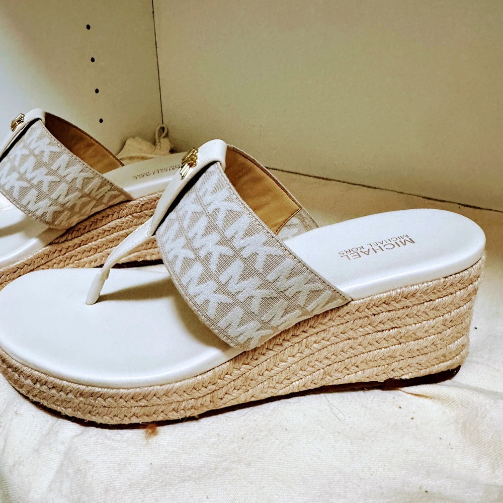 Michael Kors Taupe Slide Sandals with Gold Accent